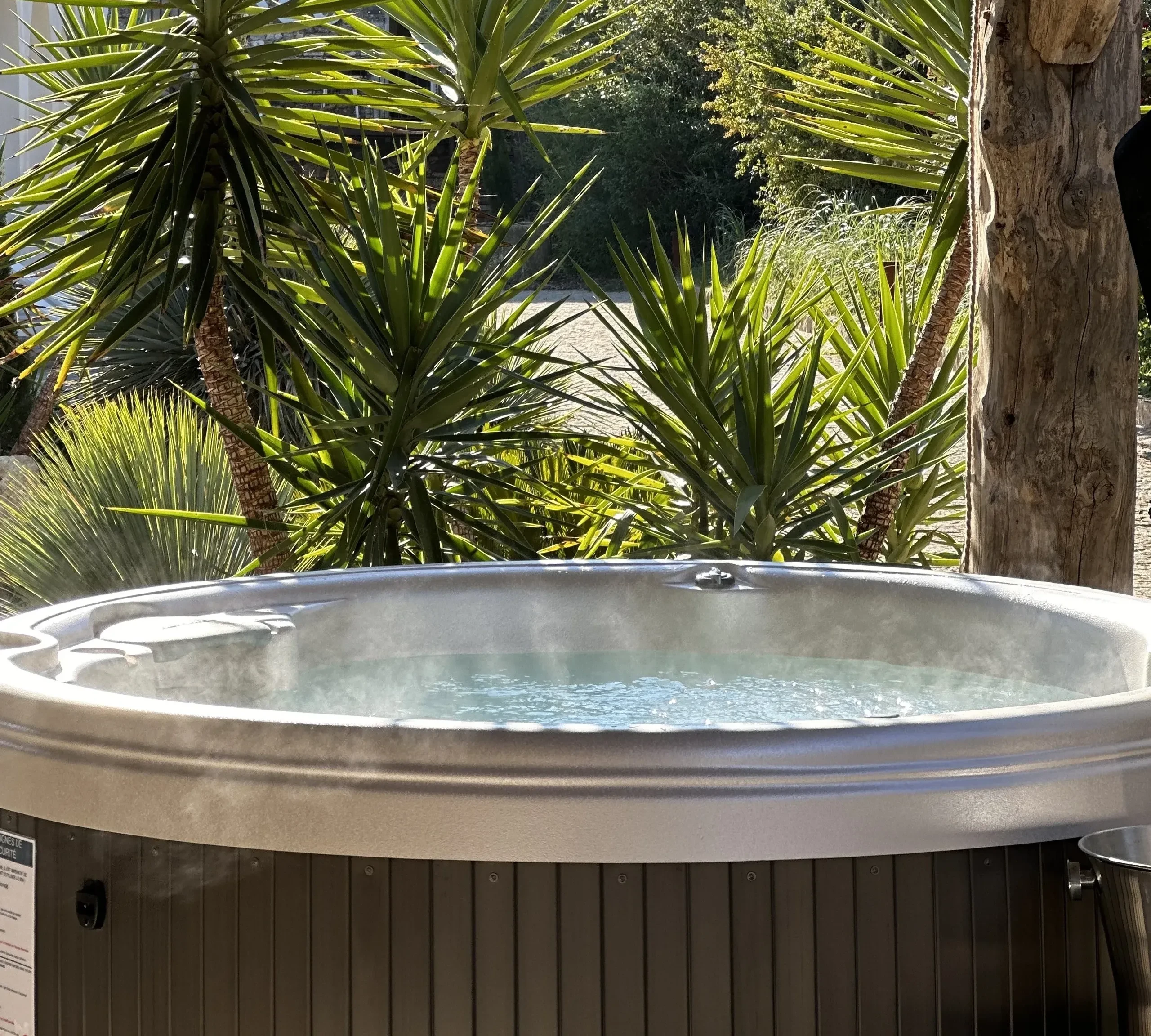 Jacuzzi extérieur avec plantes et ciel bleu