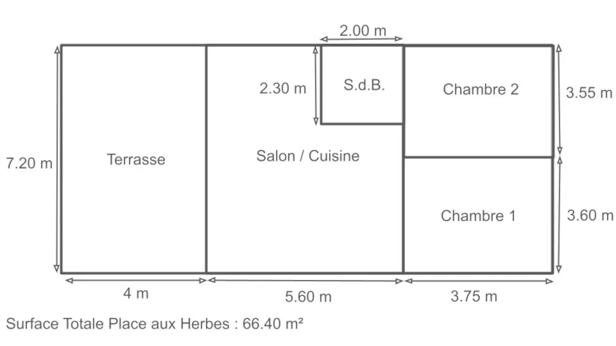 Plan d'appartement avec terrasse et deux chambres.